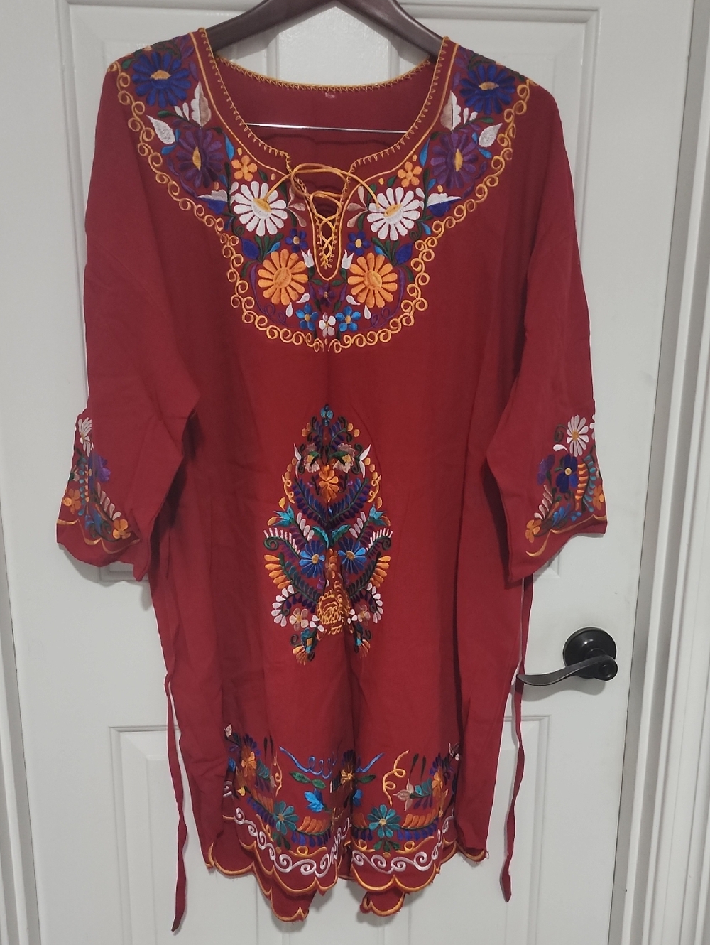 Embroidered Boho Tunic Top - Red